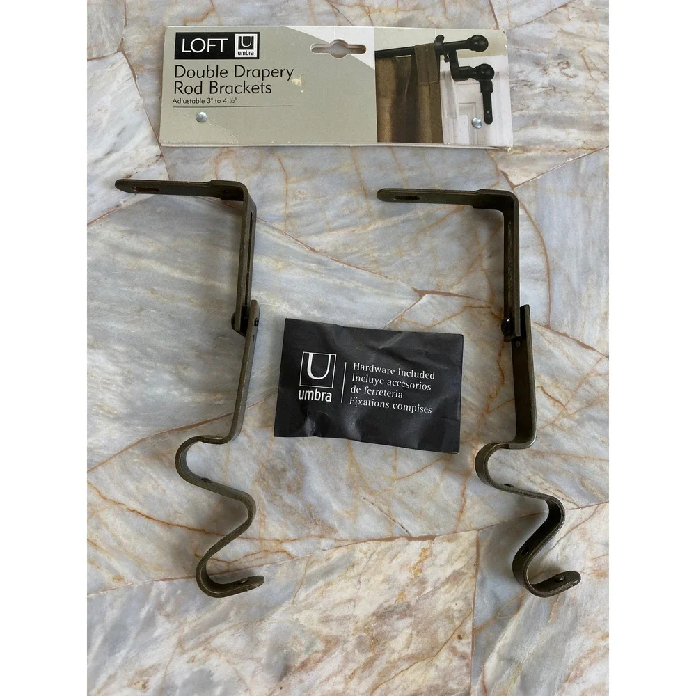 Umbra Loft Double Drapery Rod Brackets Aged Brass Adjustable 3 to 4.5 Inch Set 2